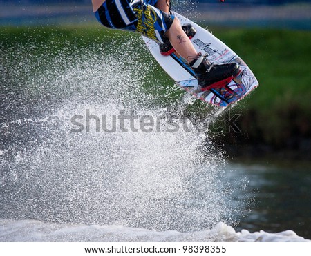 MELBOURNE, AUSTRALIA - MARCH 12: Closeup of action from the wakeboarding event at the Moomba Masters on March 12, 2012 in Melbourne, Australia