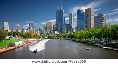 MELBOURNE, AUSTRALIA - MARCH 12: Yarra River and Melbourne skyline during the Moomba Masters waterski event on March 12, 2012 in Melbourne, Australia
