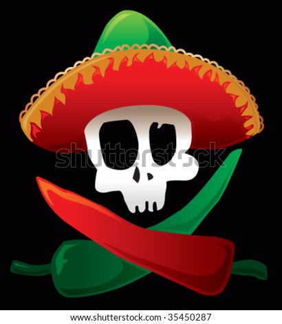 stock vector Mexican skull and peppers