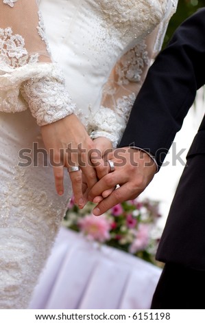 stock photo Bride and groom holding hands showing the wedding rings