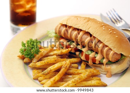 Hotdog meal with french fries and soda