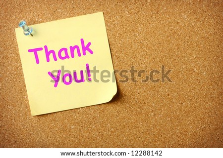 Thank You note pinned to corkboard background