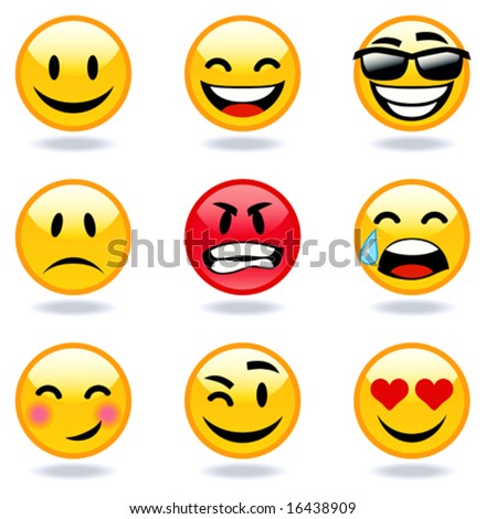 stock vector : Happy, sad, angry, in love faces of emoticon.