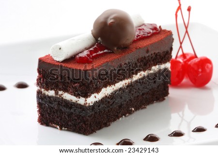 A slice of delicious black forest cake, garnished with all the goodies