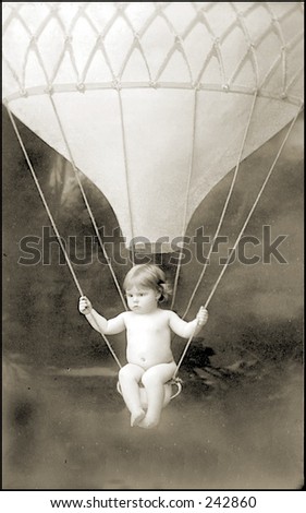 stock photo : Vintage Photo of Child Riding In Hot Air Balloon