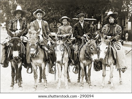 Vintage photo of a Group of Guys On Mules