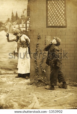Vintage photo of a Mother Catching her Son Smoking