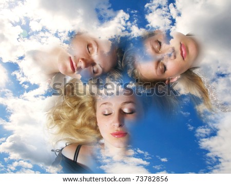 Three girls sleeping in clouds. A collage