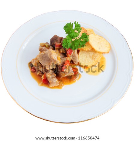 beef with pepper sauce onion parsley garlic sauce and chips cut and isolated with path