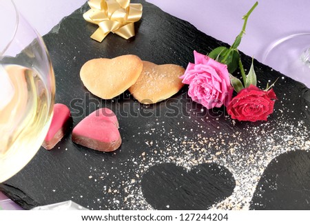 Dessert valentines day dish served on black slate
