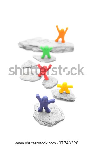 five cheerful plasticine people sharing different levels on stepping stones - team career concept - isolated on white