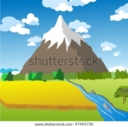 Landscape with meadow,river,  forest and mountains on a cloudy sky background