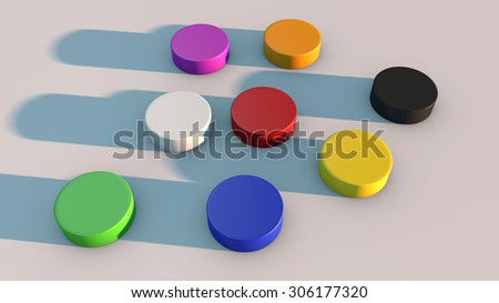 Eight Gaming Tokens of Different Colors Cast Long Shadows on a Plain Background