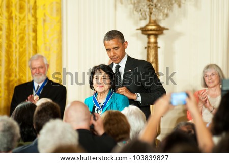 WASHINGTON - MAY 29: Civil rights and women\'s advocate, Dolores Huerta, receives the Presidential Medal of Freedom at a ceremony at the White House May 29, 2012 in Washington, D.C.