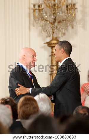 WASHINGTON - MAY 29: Former astronaut and U.S. Senator John Glenn greets President Obama after receiving the Presidential Medal of Freedom at a ceremony at the White House May 29, 2012 in Washington, D.C.