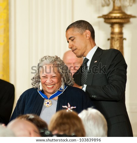 WASHINGTON - MAY 29: Novelist Toni Morrison smiles as she receives the Presidential Medal of Freedom at a ceremony at the White House May 29, 2012 in Washington, D.C.