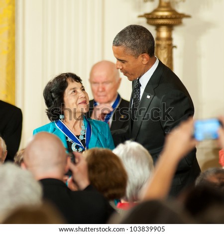 WASHINGTON - MAY 29: Civil rights and women\'s advocate, Dolores Huerta, receives the Presidential Medal of Freedom at a ceremony at the White House May 29, 2012 in Washington, D.C.