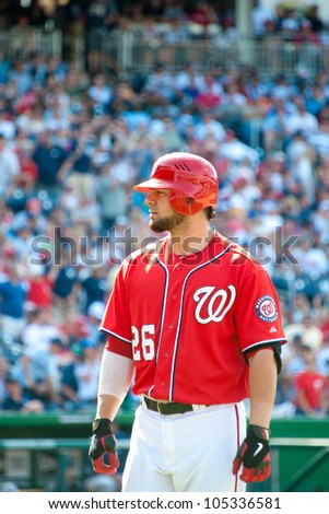 WASHINGTON -UNE 16:  Nationals catcher Jesus Flores at the Washington Nationals - New York Yankees game, which the Yankees won after 14 innings of play, on June 16, 2012 in Washington, D.C.