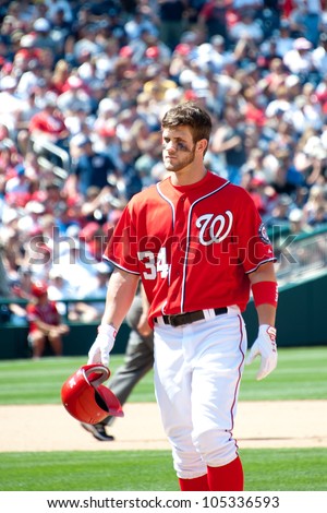 WASHINGTON - JUNE 16:  Bryce Harper during the sold-out Washington Nationals - New York Yankees game, which the Yankees won after 14 innings of play, on June 16, 2012 in Washington, D.C.