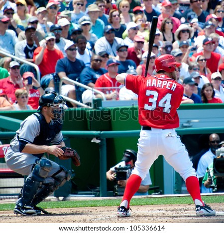 WASHINGTON - JUNE 16:  Bryce Harper at bat during the sold-out Washington Nationals -New York Yankees game, which the Yankees won after 14 innings of play, on June 16, 2012 in Washington, D.C.