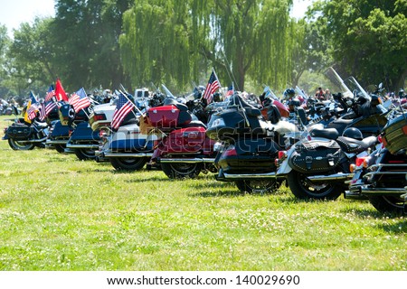WASHINGTON - MAY 26 :Motorcycles are lined up at the annual Rolling Thunder rally to remember American POWs and MIAs on May 26, 2013 in Washington, D.C.