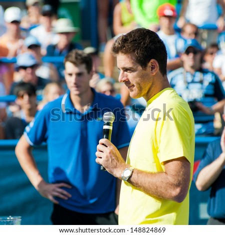 WASHINGTON - AUGUST  4, 2013:  Juan Martin del Potro (ARG) speaks to the crowd after becoming the men's singles champion of the Citi Open tennis tournament on August 4, 2013 in Washington