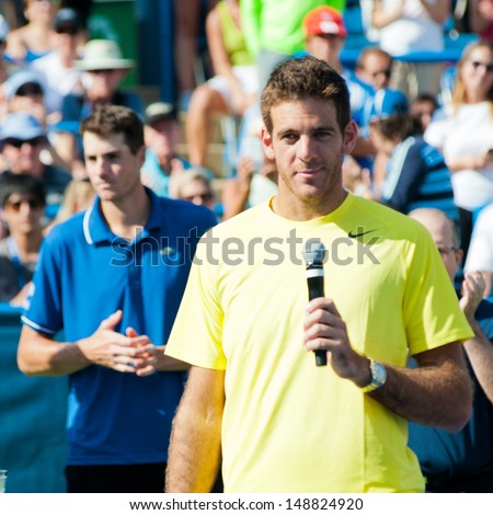 WASHINGTON - AUGUST  4, 2013:  Juan Martin del Potro (ARG) speaks to the crowd after becoming the men\'s singles champion of the Citi Open tennis tournament on August 4, 2013 in Washington