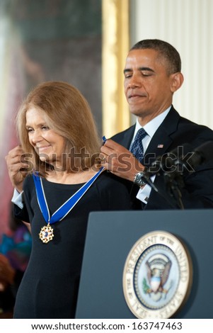Washington ÃÂ¢Ã?Ã? November 20: Gloria Steinem receives the Presidential Medal of Freedom from President Obama at a ceremony at The White House on November 20, 2013 in Washington, DC.