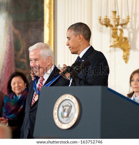 Washington -Â?Â? November 20: Former U.S. Senator Richard Lugar receives the Presidential Medal of Freedom at a ceremony at The White House on November 20, 2013 in Washington, DC.