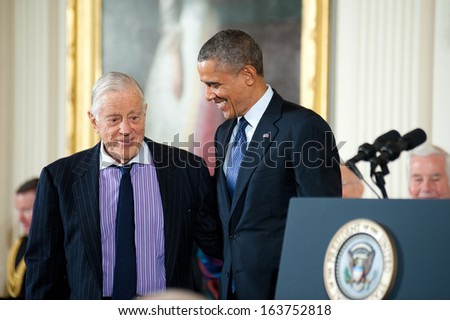 Washington - November 20: Ben Bradlee waits to receive the Presidential Medal of Freedom from President Obama at a ceremony at The White House on November 20, 2013 in Washington, DC.