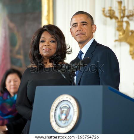 Washington -Ã?Ã? November 20: Oprah Winfrey waits to receive the Presidential Medal of Freedom at a ceremony at The White House on November 20, 2013 in Washington, DC.