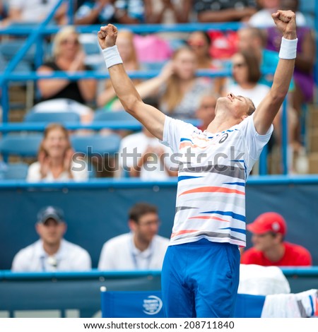 WASHINGTON  AUGUST 2: Vasek Pospisil (CAN) celebrates his semifinal win over  Santiago Giraldo (COL, not pictured) at the Citi Open tennis tournament on August 2, 2014 in Washington DC