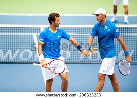 WASHINGTON AUGUST 3: Jean-Julien Rojer (NED) and Horia Tecau (ROU) take the doubles final title at the Citi Open tennis tournament on August 3, 2014 in Washington DC