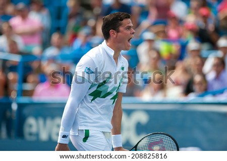 WASHINGTON  AUGUST 3: Milos Raonic shouts after defeating fellow Canadian Vasek Pospisil to take the men's title at the Citi Open tennis tournament on August 3, 2014 in Washington DC
