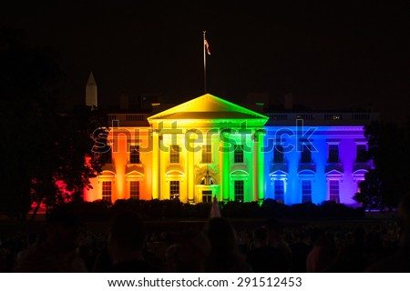 WASHINGTON JUNE 26 - The White House is lit up in rainbow colors to celebrate the Supreme Court\'s opinion legalizing gay marriage in all fifty states on June 26, 2015
