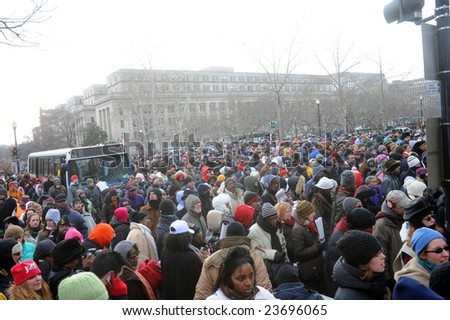 WASHINGTON -- JANUARY 20: Crowds fill the streets of Washington, D.C. after the inauguration of Barack Obama on January 20, 2009