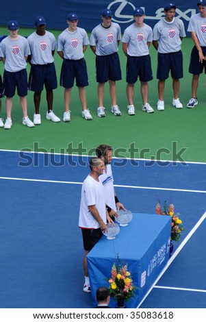WASHINGTON - AUGUST 9: (L-R) Martin Damm (CZE) and Robert Lindstedt (SWE) take the doubles title at the Legg Mason Tennis Classic on August 9, 2009 in Washington.