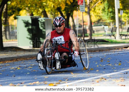 WASHINGTON- OCTOBER 25: A wheelchair athlete competes in the Marine Corps Marathon on October 25, 2009 in Washington, D.C.