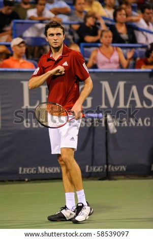 WASHINGTON - AUGUST 5: Gilles Simon (FRA) reacts to winning a point during his elimination of Andy Roddick (USA, not pictured) from the Legg Mason Tennis Classic on August 5, 2010 in Washington.