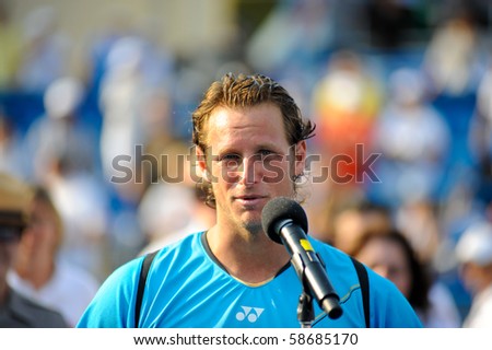 WASHINGTON - AUGUST 8: David Nalbandian (ARG) speaks  after defeating Marcos Baghdatis (CYP, not pictured) to capture the title of the Legg Mason Tennis Classic on August 8, 2010 in Washington.