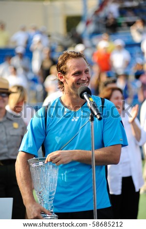 WASHINGTON - AUGUST 8: David Nalbandian (ARG) speaks  after defeating Marcos Baghdatis (CYP, not pictured) to capture the title of the Legg Mason Tennis Classic on August 8, 2010 in Washington.