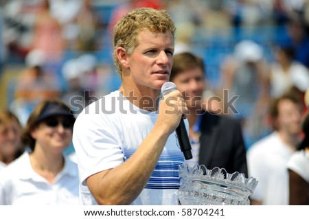 WASHINGTON - AUGUST 8: Mark Knowles (BAH) speaks to the crowd after taking the doubles crown at the Legg Mason Tennis Classic on August 8, 2010 in Washington.
