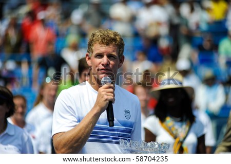 WASHINGTON - AUGUST 8: Mark Knowles (BAH) speaks to the crowd after taking the doubles crown at the Legg Mason Tennis Classic on August 8, 2010 in Washington.