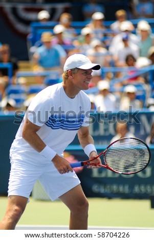 WASHINGTON - AUGUST 8: Mark Knowles (BAH) in his successful bid for the doubles crown at the Legg Mason Tennis Classic on August 8, 2010 in Washington.