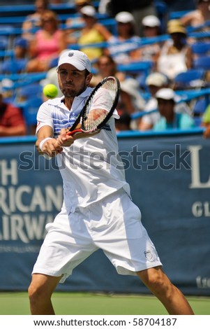 WASHINGTON - AUGUST 8: Mardy Fish (USA) in his successful bid to win the doubles crown at the Legg Mason Tennis Classic on August 8, 2010 in Washington.