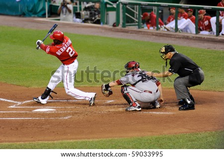 WASHINGTON - AUGUST 14: Roger Bernadina of the Washington Nationals swings at a pitch in the Nationals\' home game against the Arizona Diamondbacks on August 14, 2010 in Washington.