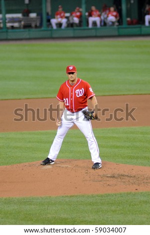 WASHINGTON - AUGUST 14: Jason Marquis of the Washington Nationals is on the pitching mound at the Nationals\' home game against the Arizona Diamondbacks on August 14, 2010 in Washington.