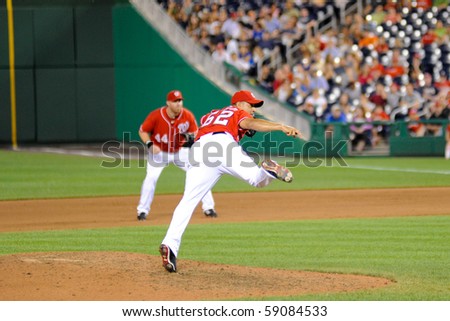 WASHINGTON - AUGUST 14: Joel Peralta of the Washington Nationals pitches in the Nationals\'?? home game against the Arizona Diamondbacks on August 14, 2010 in Washington.