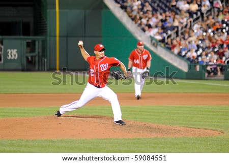 WASHINGTON - AUGUST 14: Joel Peralta of the Washington Nationals pitches in the Nationals' home game against the Arizona Diamondbacks on August 14, 2010 in Washington.