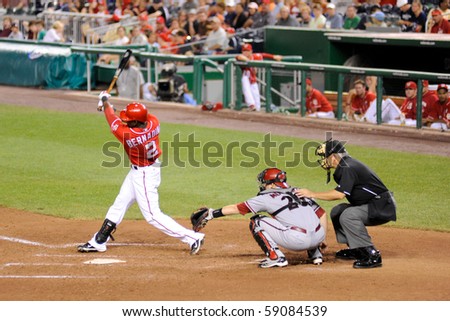 WASHINGTON - AUGUST 14: Roger Bernadina of the Washington Nationals swings at a pitch in the Nationalsâ?\' home game against the Arizona Diamondbacks on August 14, 2010 in Washington.